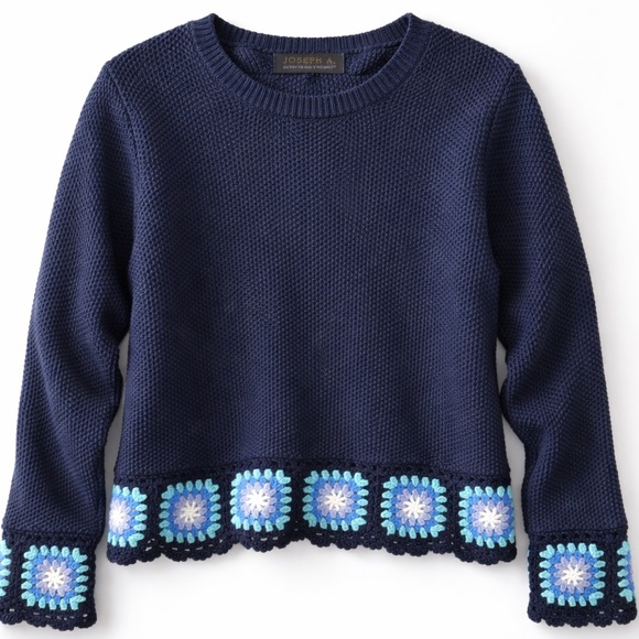 Joseph A Sweaters - Navy Crochet Hem Knit Sweater Boho Cotton Pullover Small Joseph A